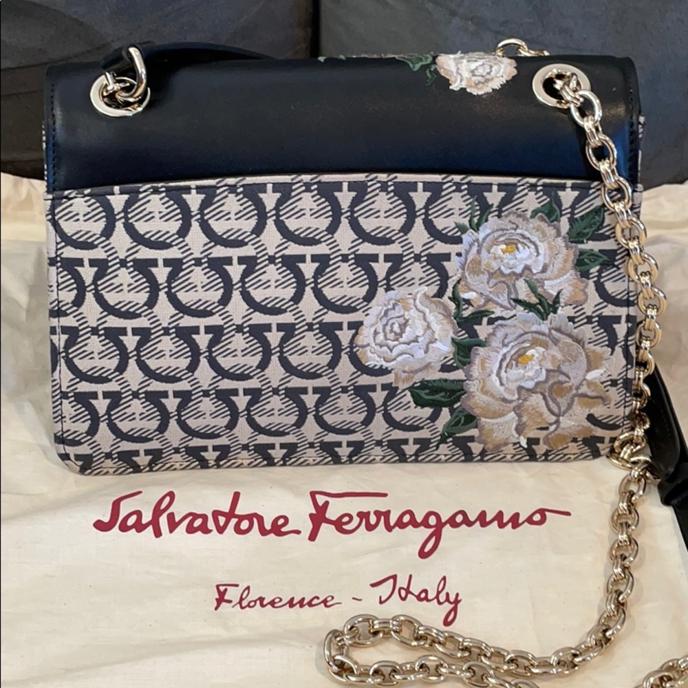 Salvatore Ferragamo Black Floral Embroidered Mini Bag with Gold Hardware - Picture 4 of 6